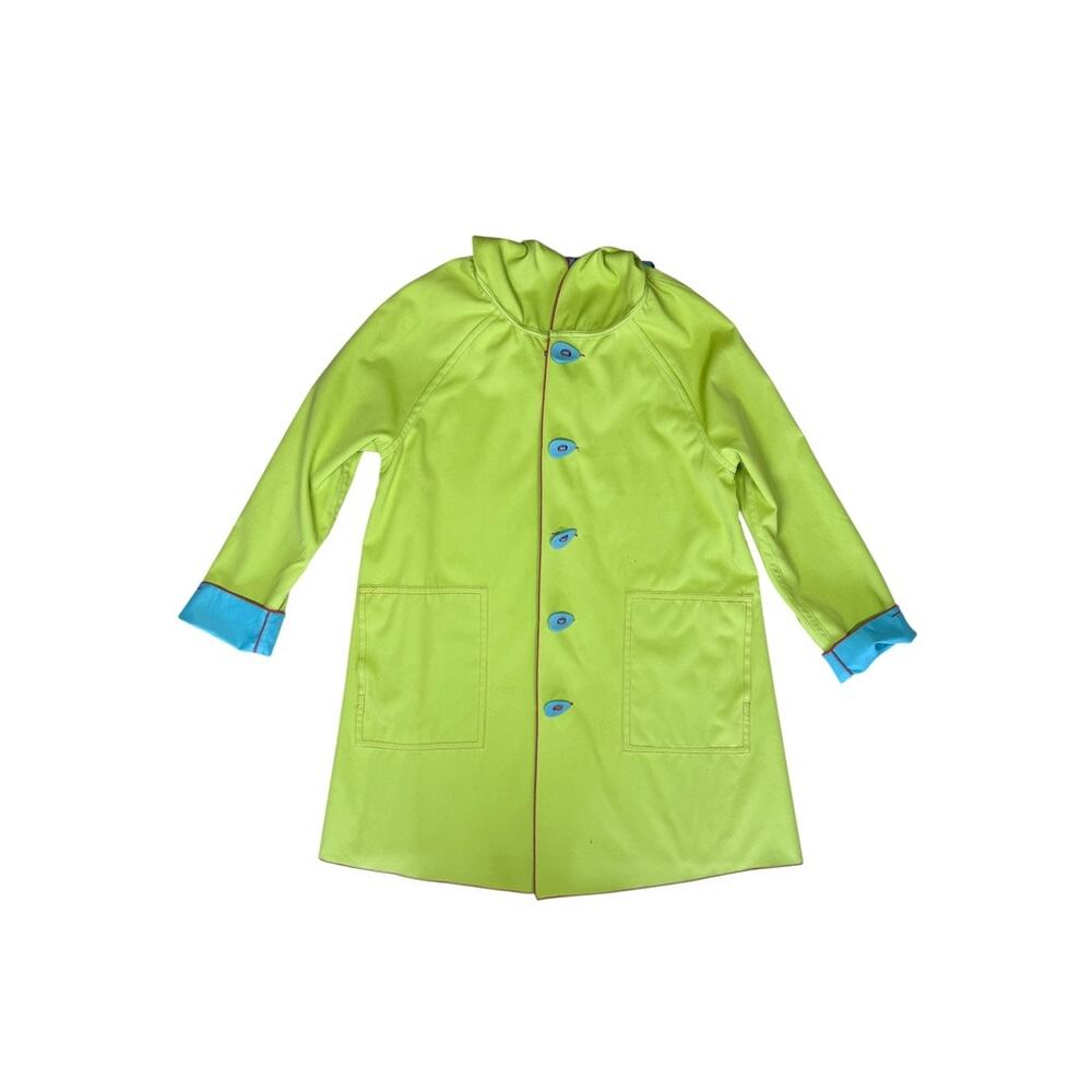 UBU Piped Reversible Parisian Style Bright Blue Lime Green Hooded Raincoat Small - Picture 8 of 11